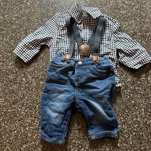 Baby Button-down and suspender jean set